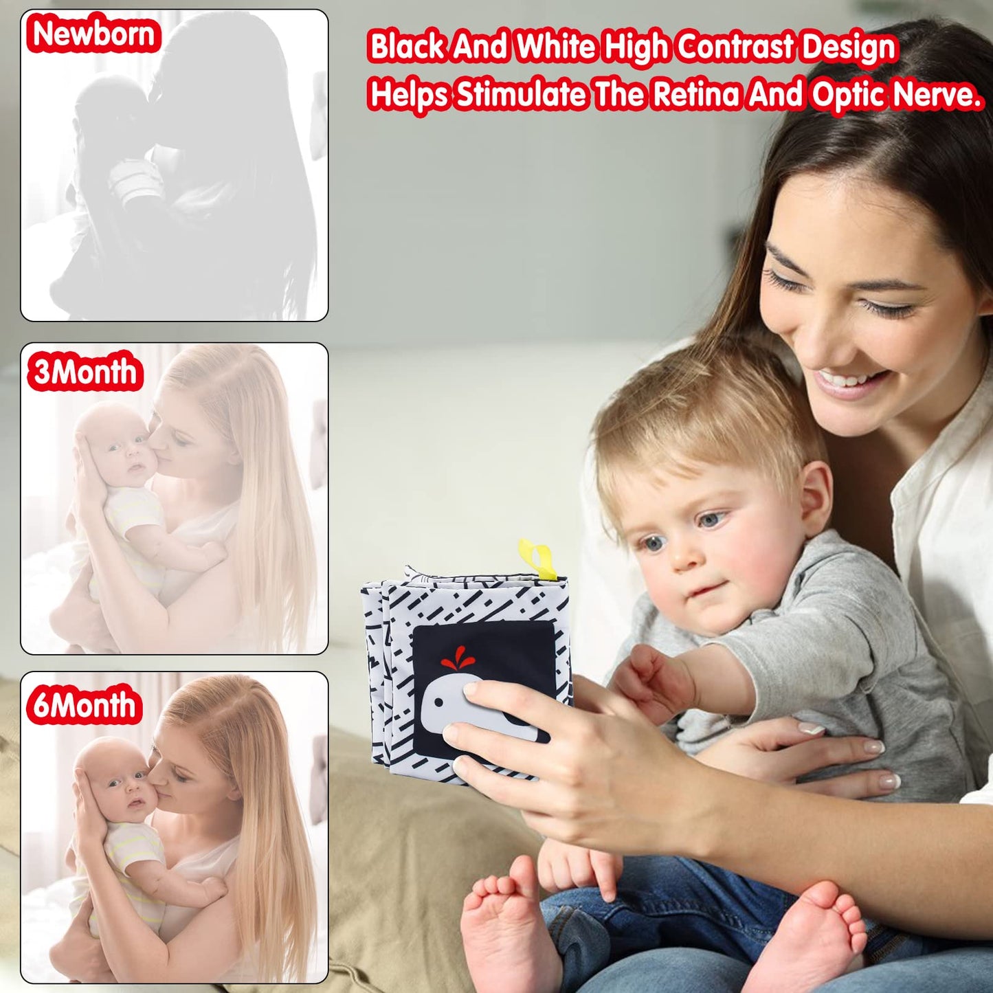 Dr.Rapeti Soft Cloth Book For Baby Infant Toddler Kids 6-Pack High Contrast Black And White Crinkle Washable Non-Toxic Early Edu