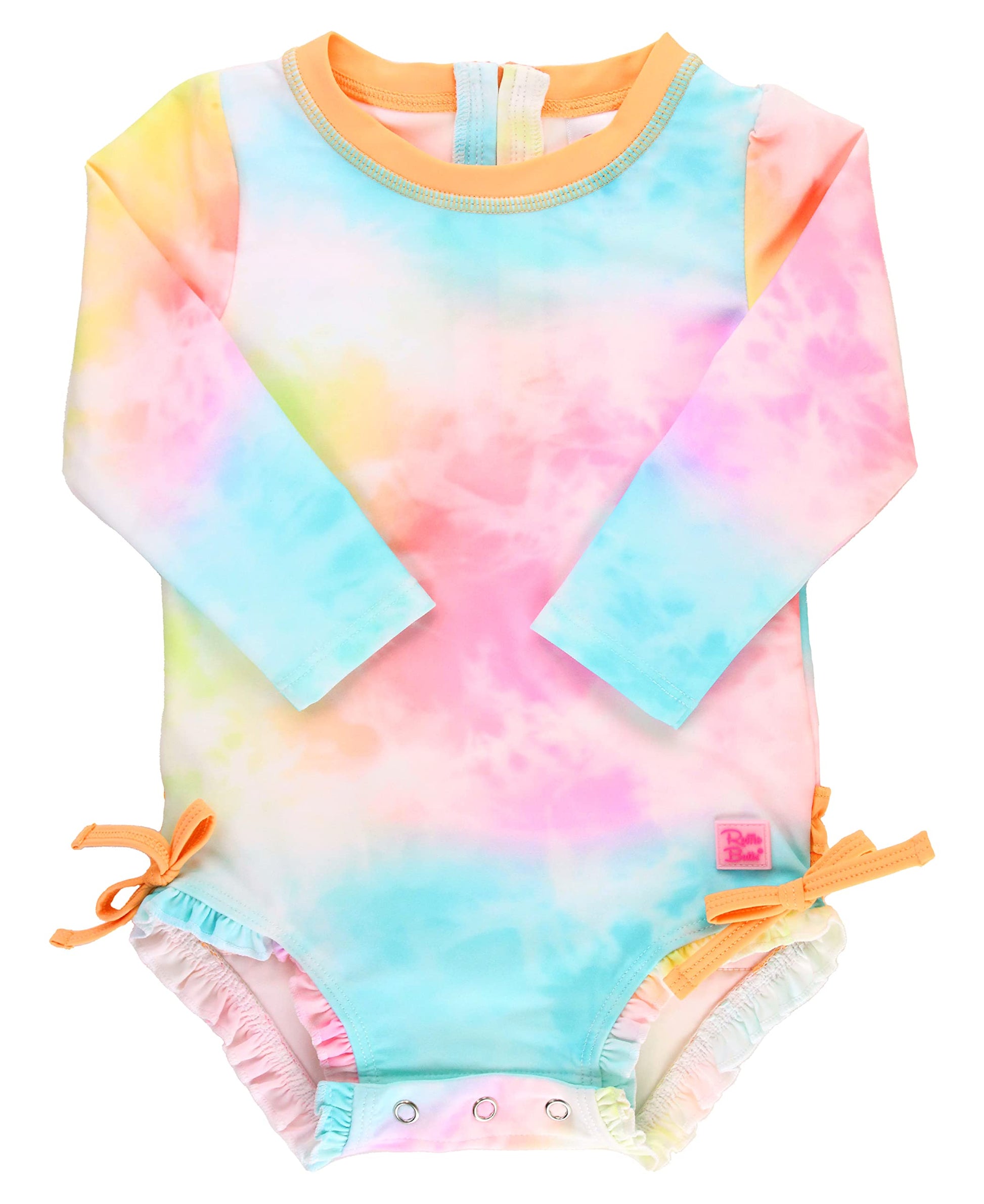 Rufflebutts Baby Girls Upf 50+ Sun Protection Novelty Print Long Sleeve One Piece Rash Guard Swimsuit With Zipper - Rainbow Tie