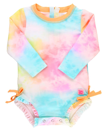 Rufflebutts Baby Girls Upf 50+ Sun Protection Novelty Print Long Sleeve One Piece Rash Guard Swimsuit With Zipper - Rainbow Tie