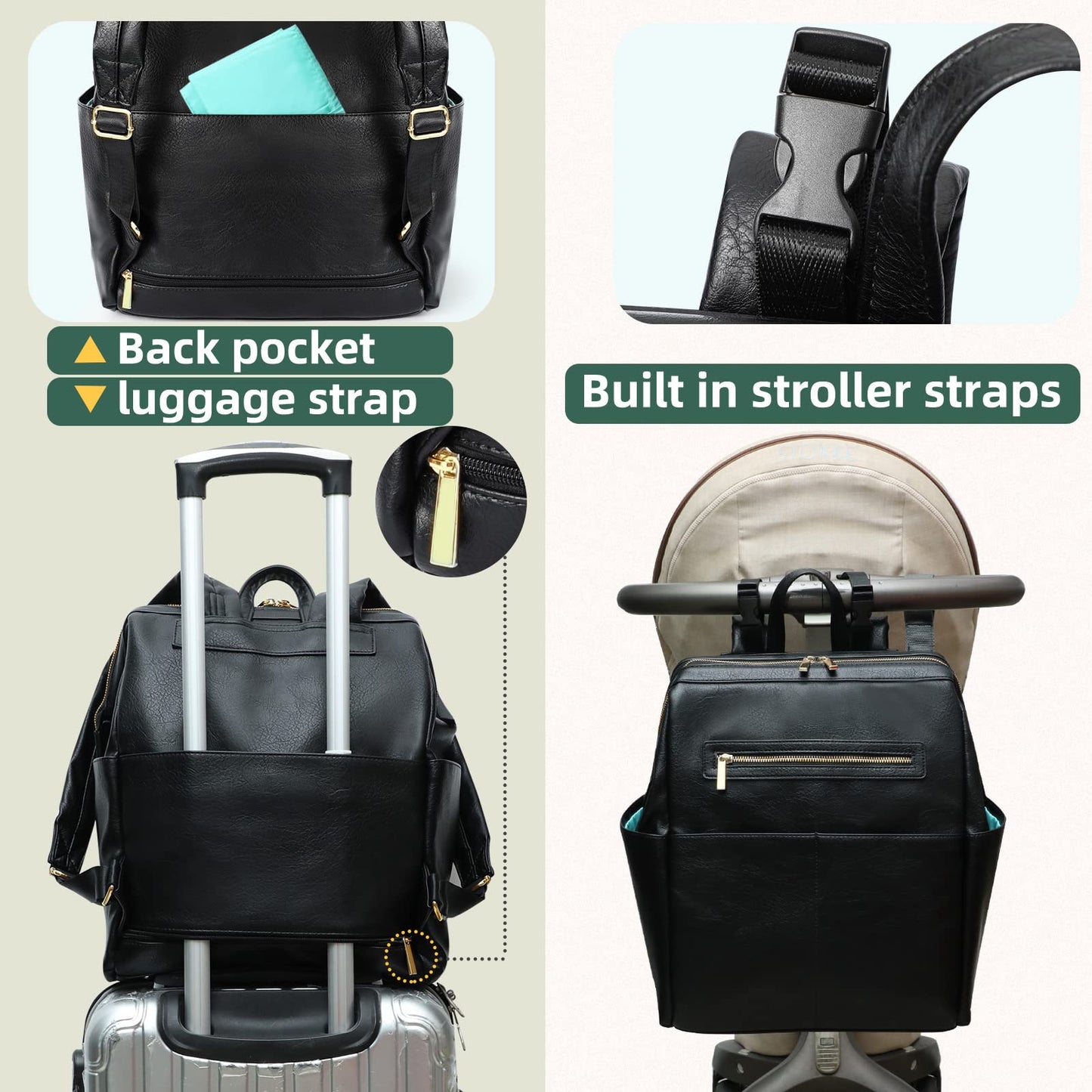 Mominside Diaper Bag Backpack, Leather Backpack With 16 Pockets For Mom Dad, Baby Registry Search, Fits 15 Inch Laptop, 4 Insula