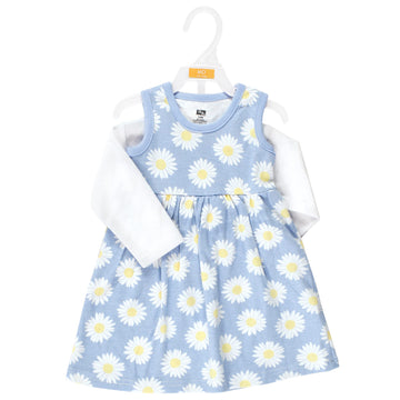 Hudson Baby Baby Girls' Cotton Dress And Cardigan Set, Blue Daisy, 0-3 Months