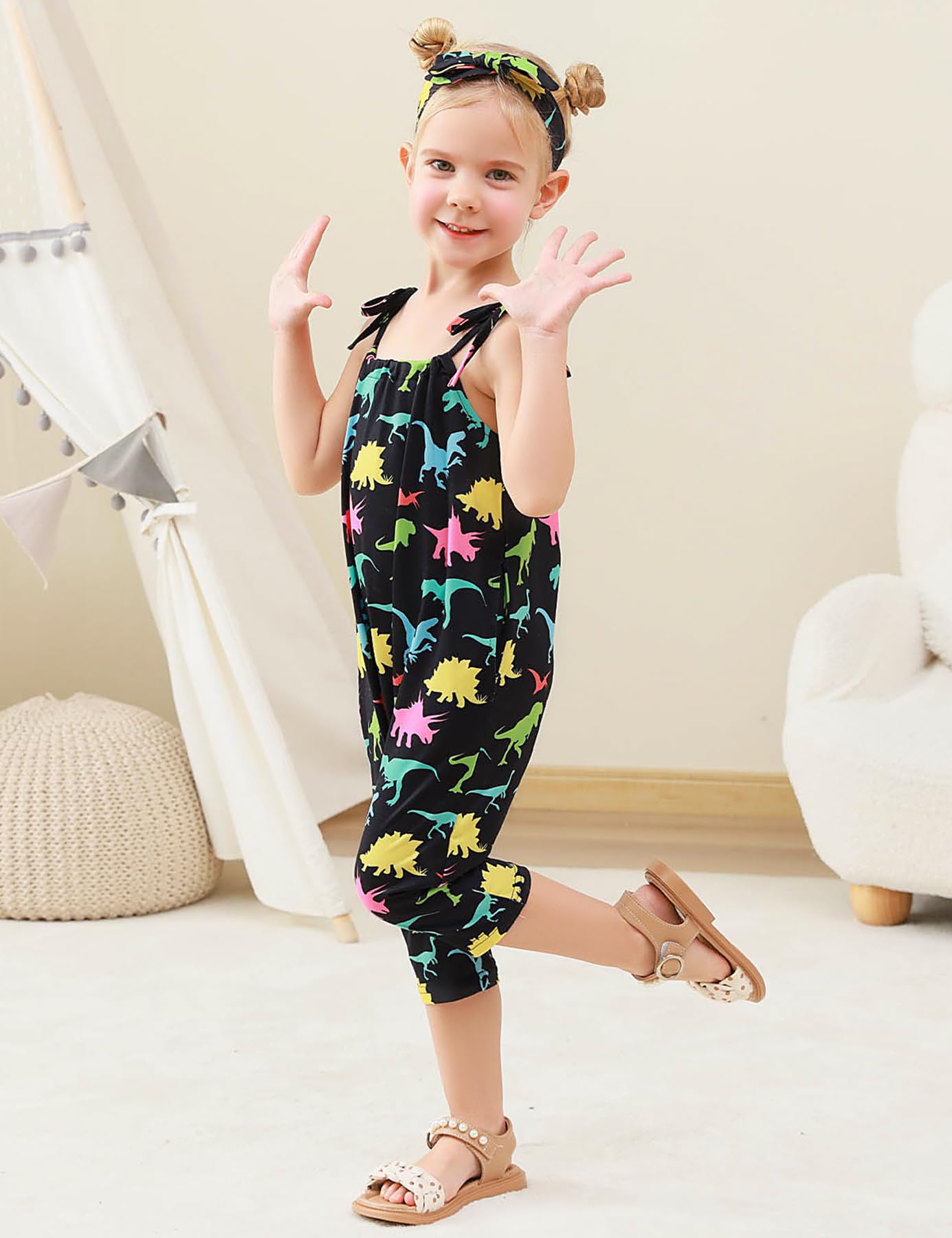 Lindanina Toddler Baby Girls Romper Dinosaur Sleeveless Jumpsuit Summer Cute Clothes Adjustable Tie-Up Strap 12-24 Months Infant