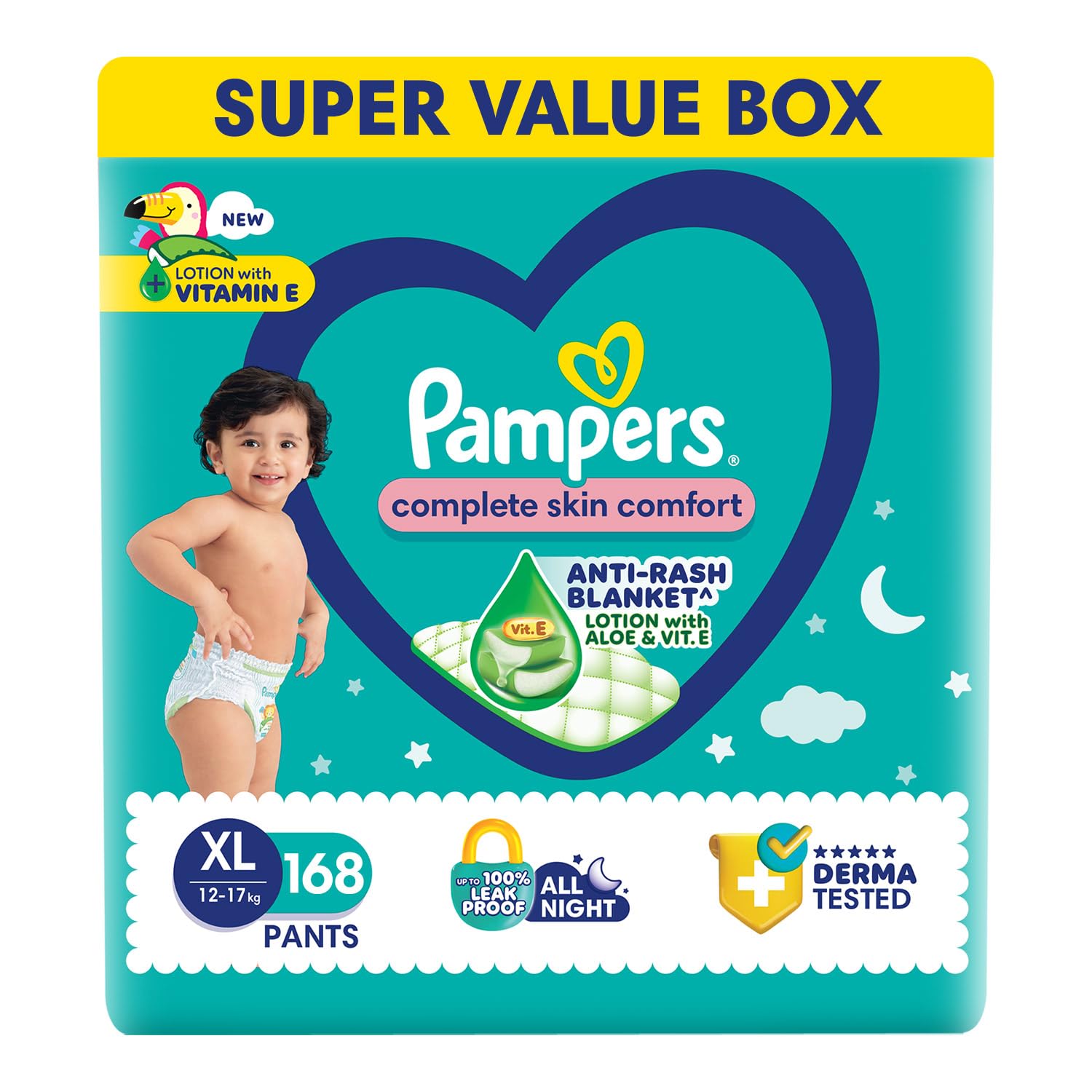 Pampers Complete Skin Comfort Pants, XLarge (Xl), 168 Count, AntiRash Blanket, Lotion With Vitamin E & Aloe Vera, 1217Kg