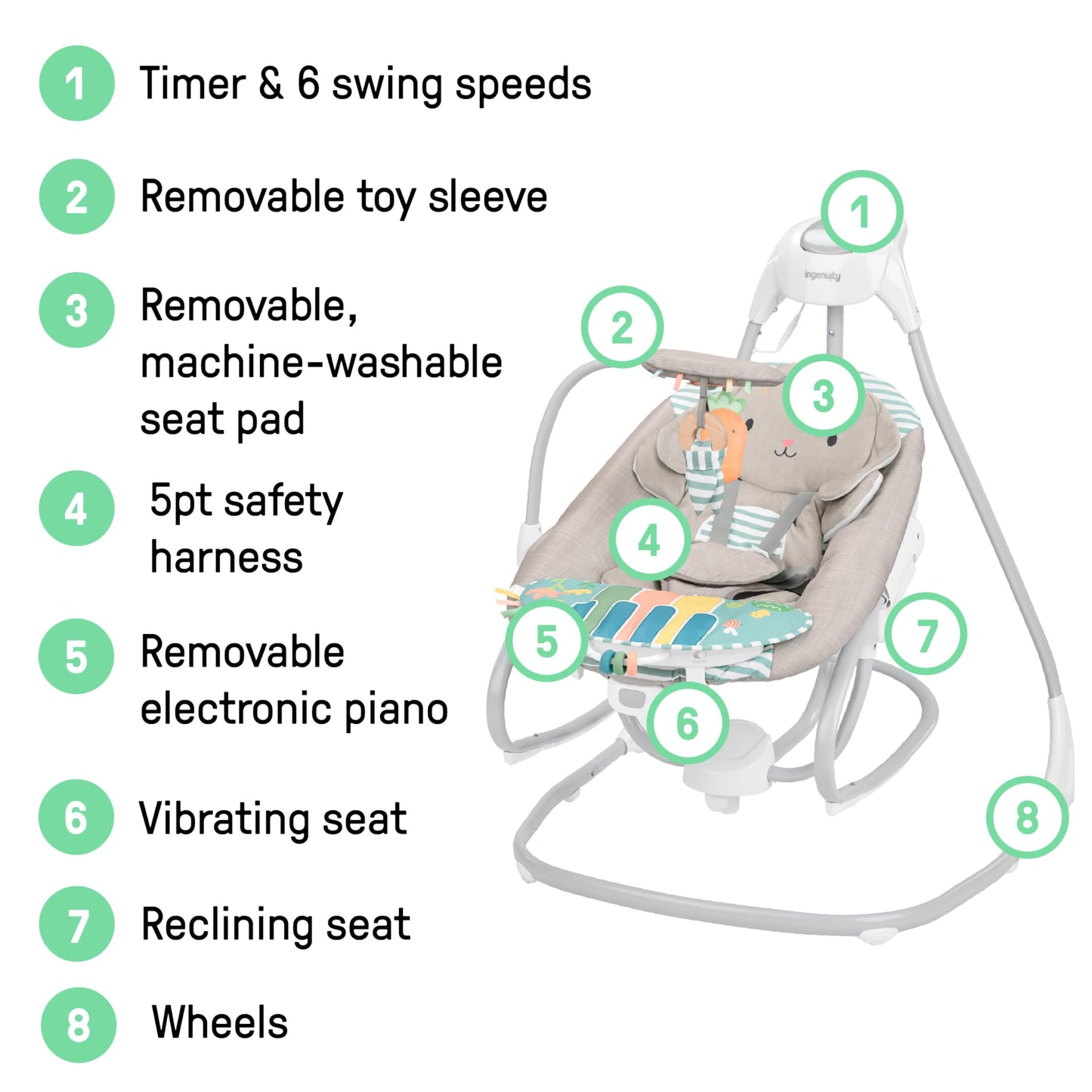 Ingenuity SimpleComfort Piano Playtime 4-in-1 Baby Swing & Rocker, 180 Degrees & 3 Directions, 0-24M
