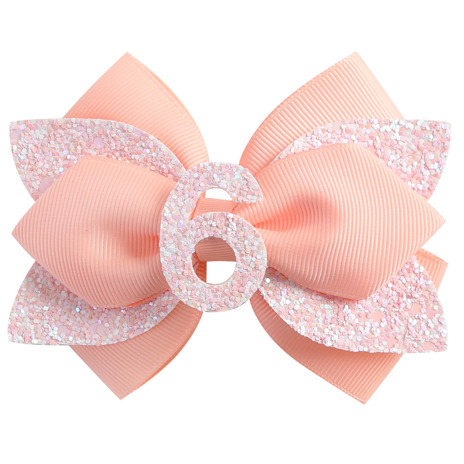 Glitter Birthday Hair Bow for Baby Girls 1 2 3 4 5 6 Years Peach Party Decoration Hair Accessories for Six 6th Birthday