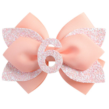 Glitter Birthday Hair Bow for Baby Girls 1 2 3 4 5 6 Years Peach Party Decoration Hair Accessories for Six 6th Birthday