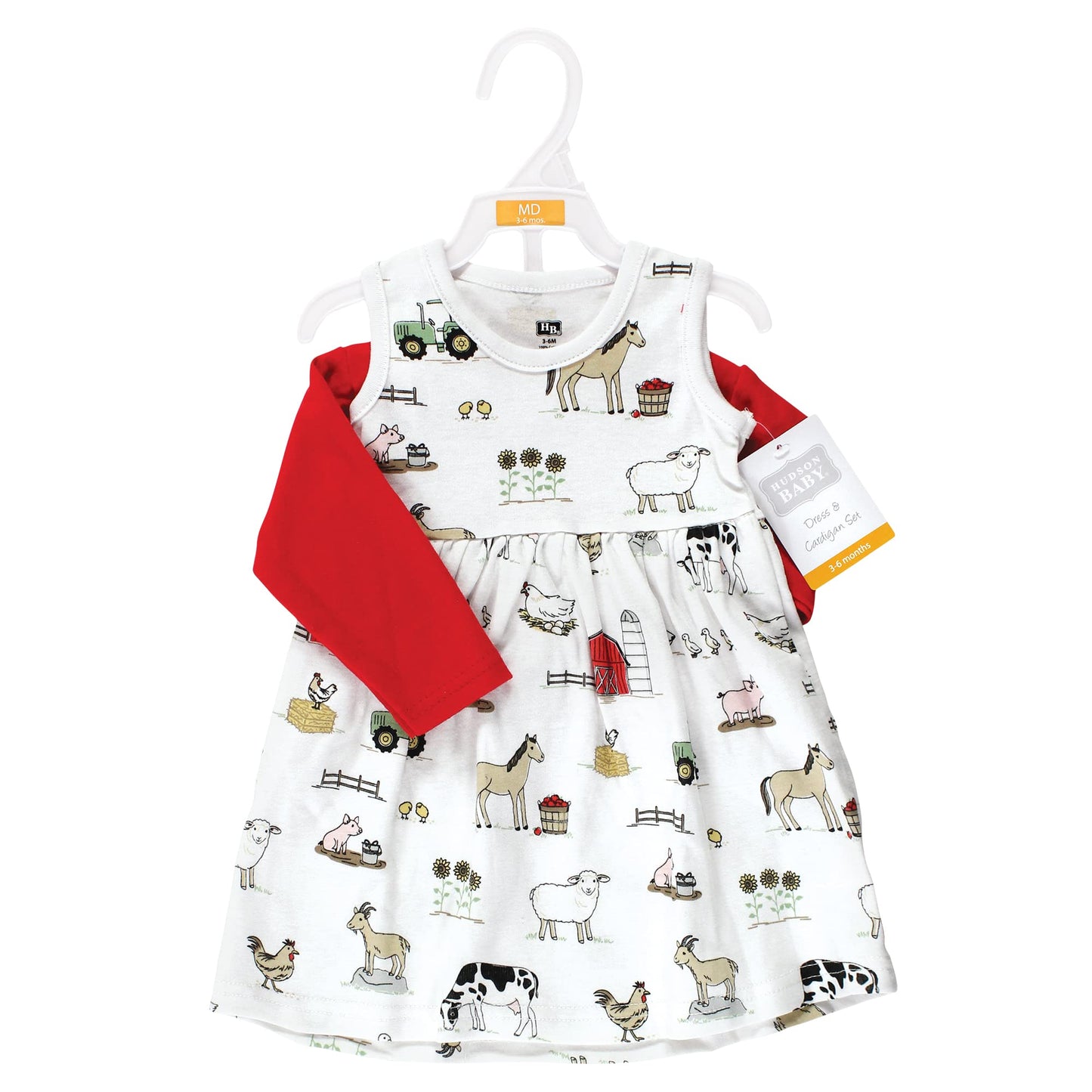 Hudson Baby Baby Girls' Cotton Dress And Cardigan Set, Farm, 6-9 Months