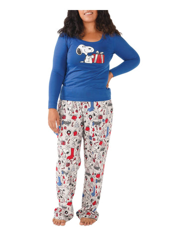 Nite Nite Munki Munki Women'S Ls Tee And Pant Jersey Pj Set, Snoopy Holiday Cheer, Small