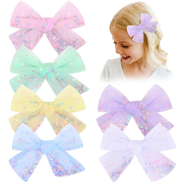 6 Pcs Tulle Hair Bows For Girls, Cn Toddler Bows With Glitter Star Alligator, Colorful Hair Barrettes Wedding Hair Accessories F