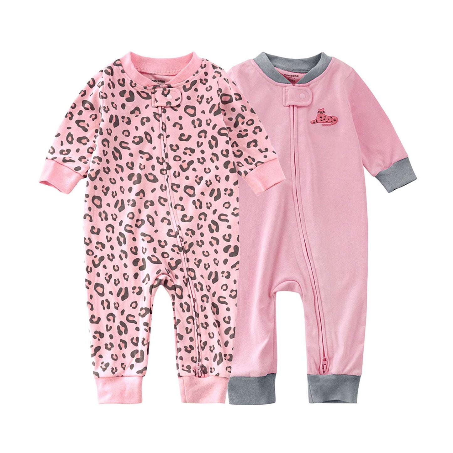 Suyeorli Baby 2 Pack Footless Pajamas Romper Cotton Long Sleeve 2 Way Zipper Printing Embroidery Jumpsuit Sleep And Play (Leopar
