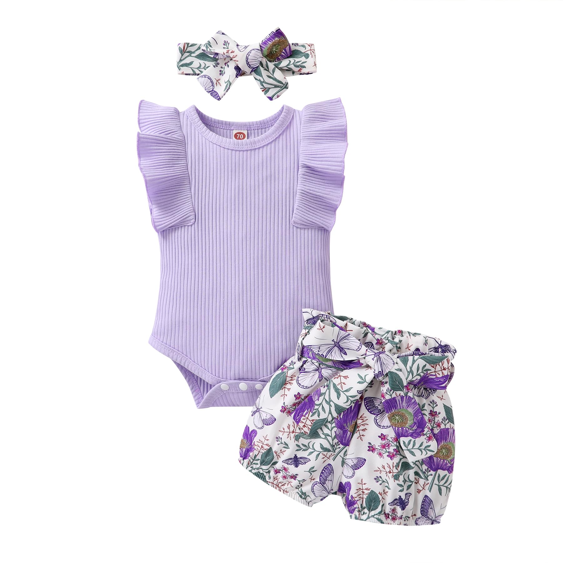 Tiny Cutey Baby Girl Clothes Infant Summer Outfits Set Ruffle Sleeve Romper And Floral Shorts With Headband (Lilac Romper+Purple