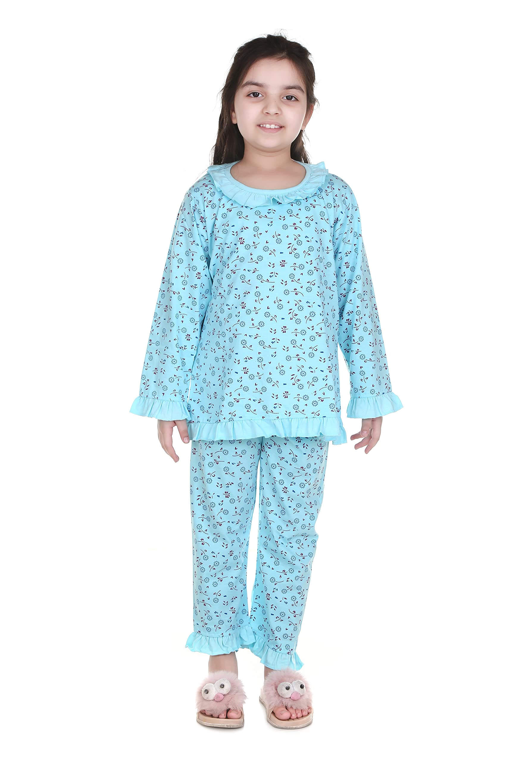 Kushi Lifestyle Stylish Baby Girls Floral Print Hosiery Cotton Top & Pyjama Set (Blue)