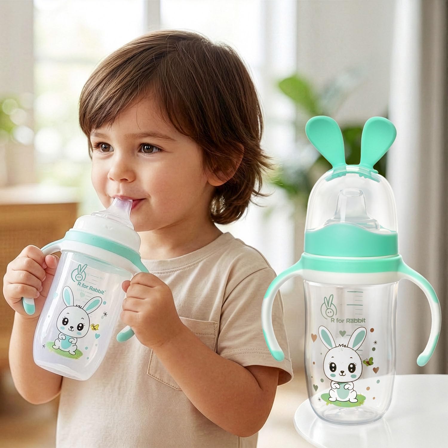 R For Rabbit Bunny Spout Sippy Cup 240 Ml Bottle, Soft Silicon Pp Spout Sipper For Kids Age Of 1+ Year  Green