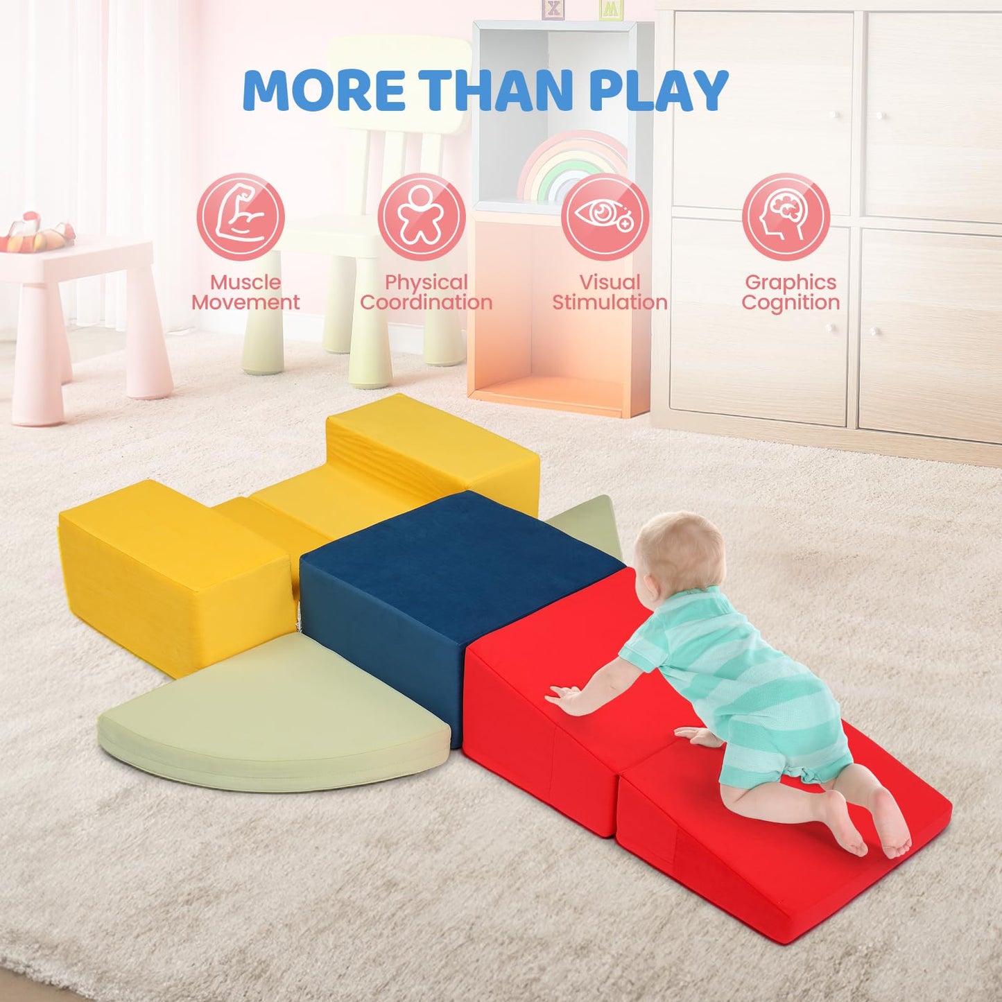 Joymor 6-Piece Fabric Soft Play Baby Climbing Blocks For Toddlers With Foldable Long Slide, Foam Climbing Toys For Toddlers 1-3