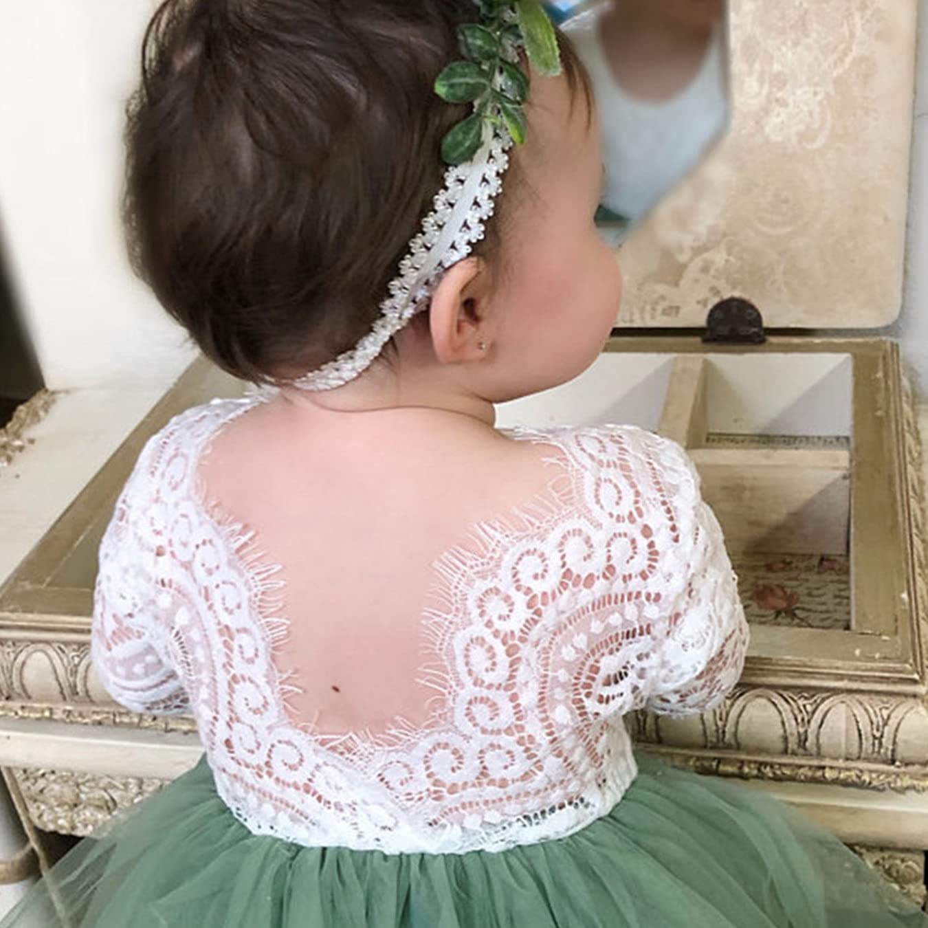 2Bunnies Girl Peony Lace Back A-Line Tiered Tutu Tulle Flower Girl Dress (Sage Sleeve Maxi, 6)