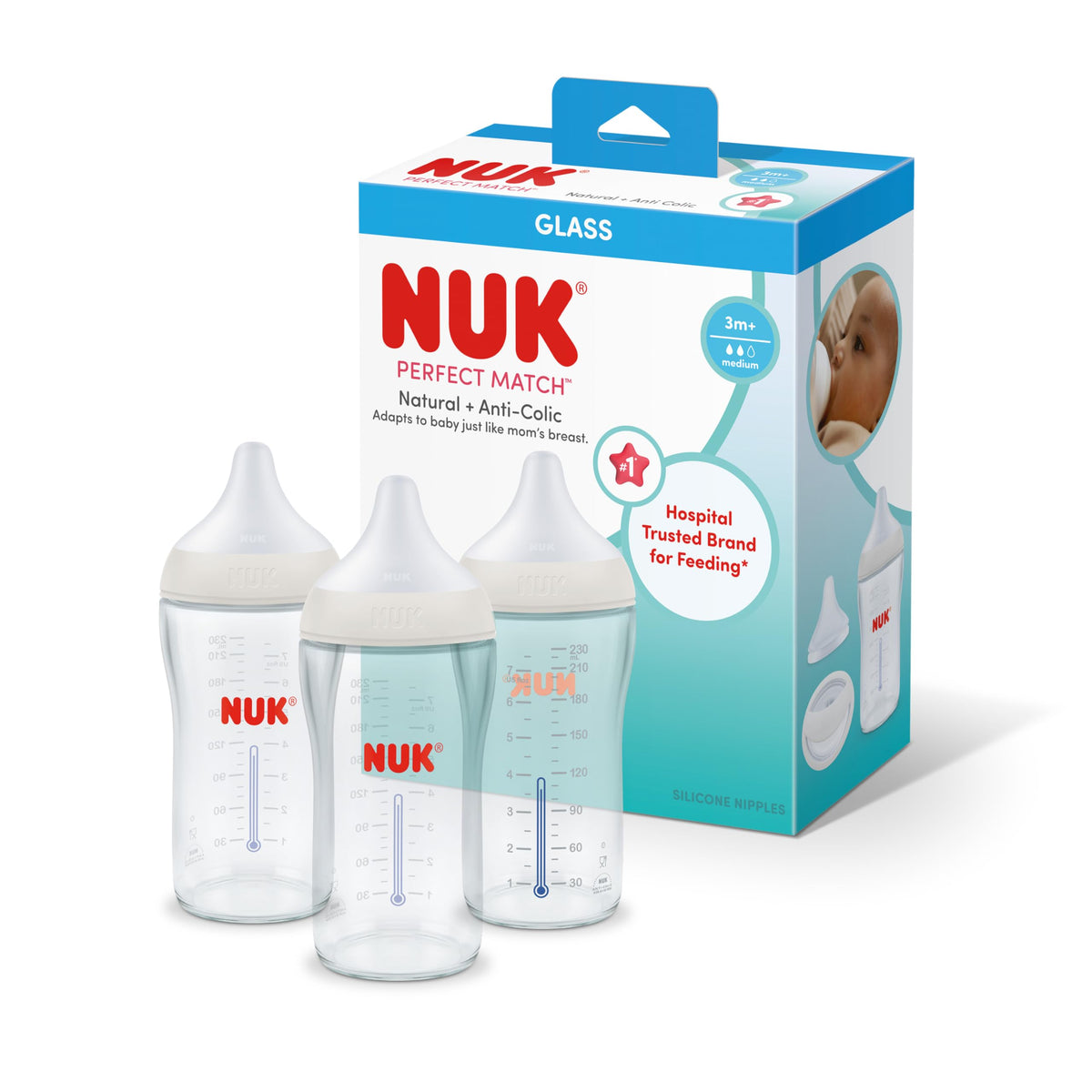 NUK Perfect Match Glass Natural + AntiColic Bottle, 8 oz. Glass Baby Bottles with SafeTemp Temperature Indicator, Newborn Essen