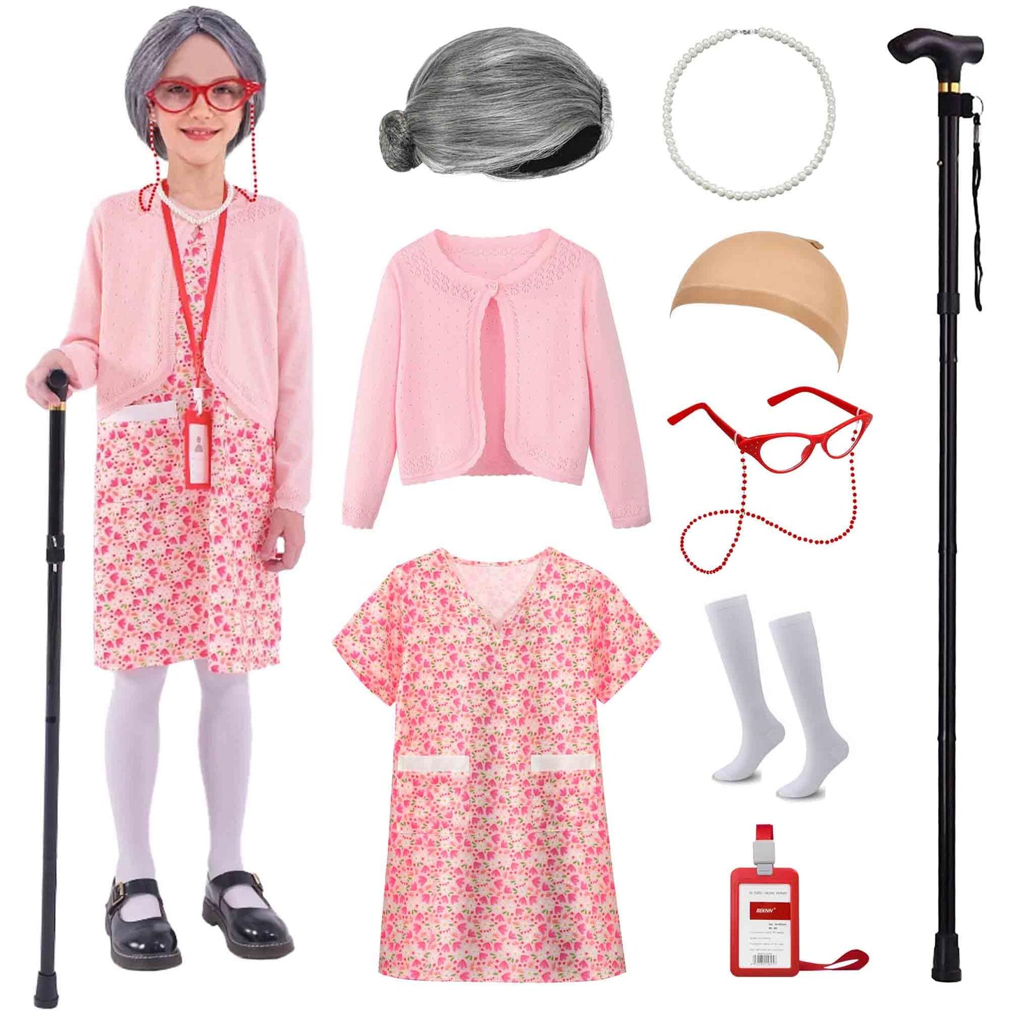 Watlie Old Lady Costume For Kids 100 Days Of School Costume For Girls, Granny Costume Old Lady Wig Halloween Grandma Costume For