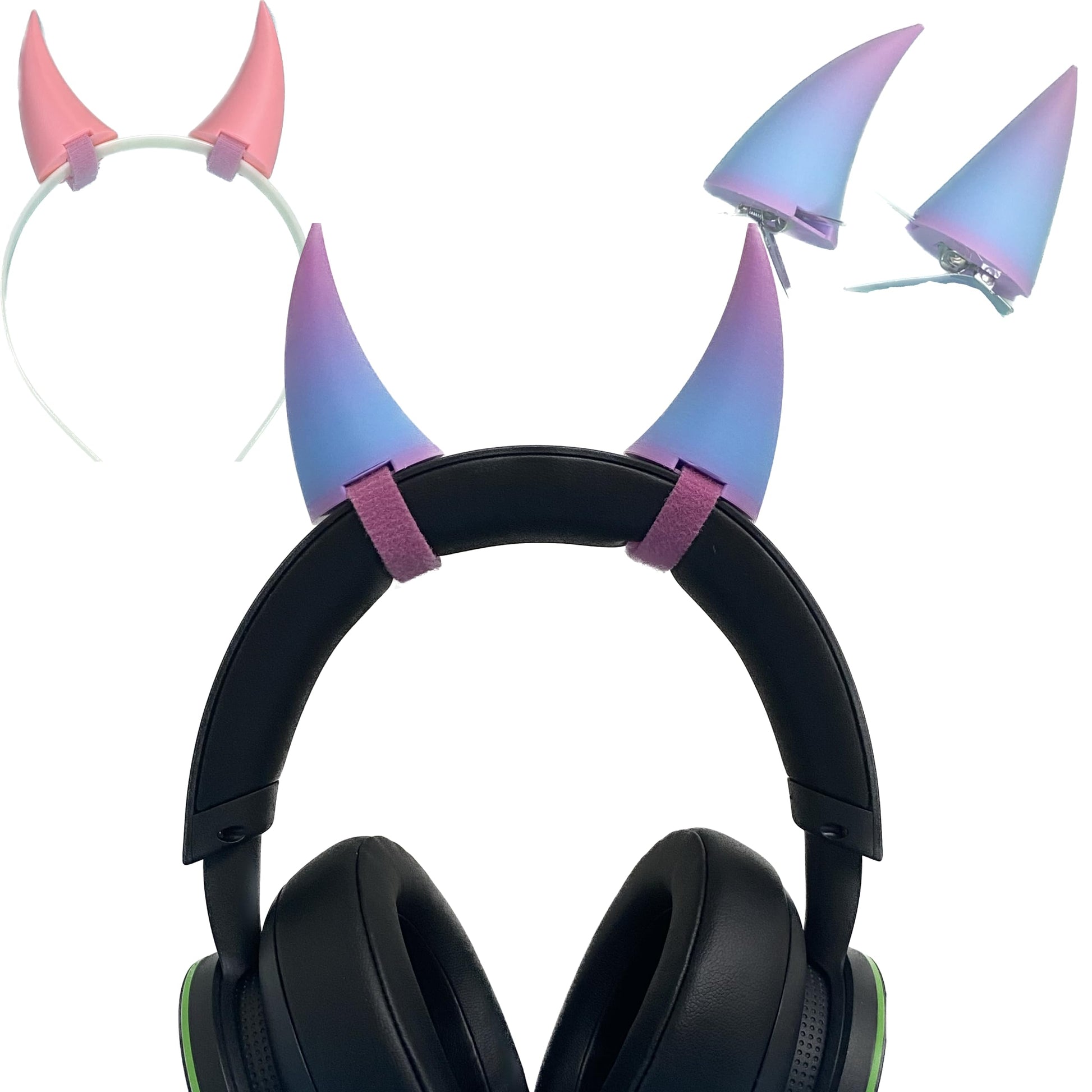 2X Demon Horns For Headset/Cosplay - Made In Usa -16 Colors (Rainbow Blue/Pink)