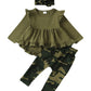 Kucnuzki Fall Baby Girl Clothes 12-18 Months Girl Outfit Toddler Baby Ruffle Shirt Top Camo Green Pants Set 3Pcs Girl Winter Out