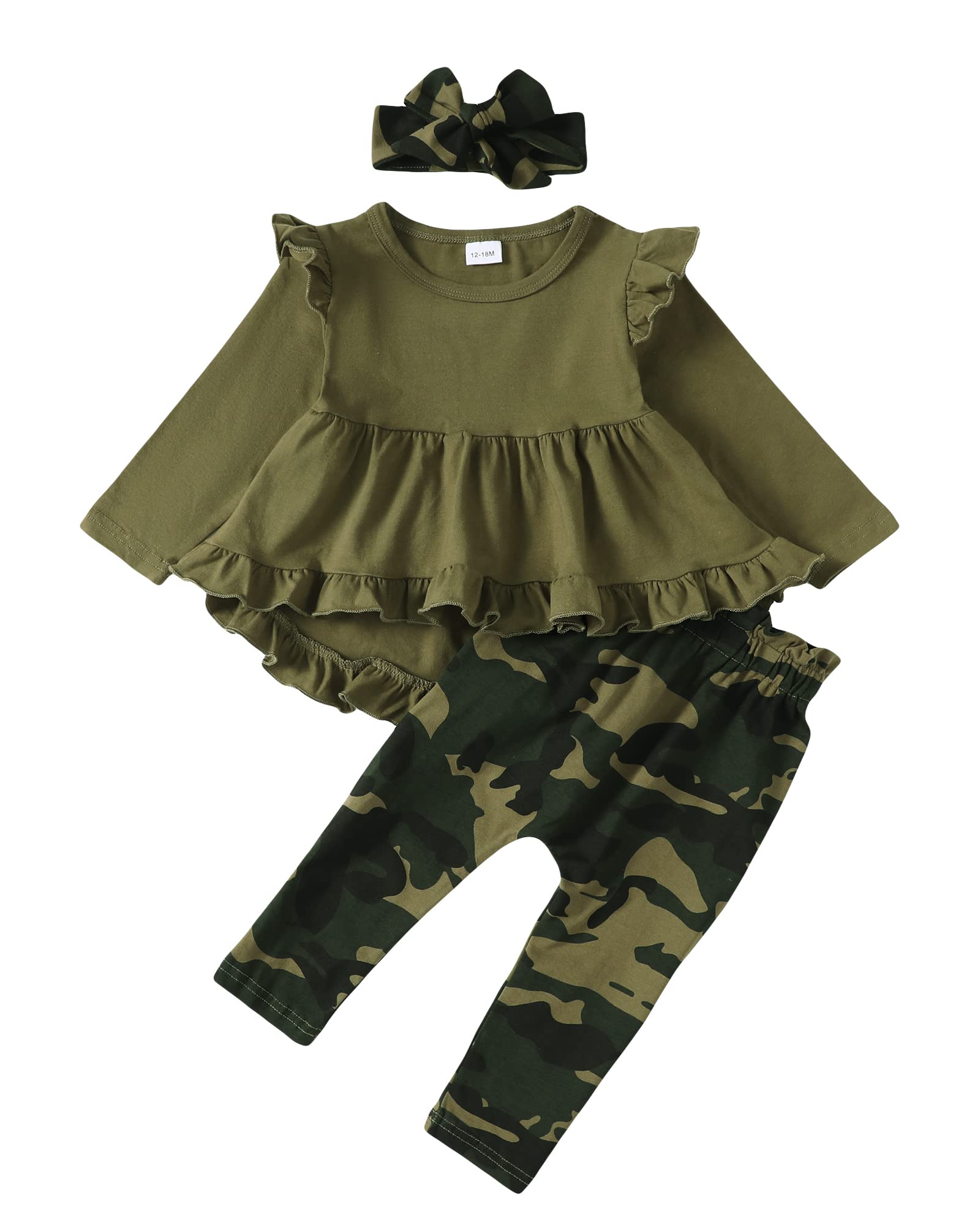 Kucnuzki Fall Baby Girl Clothes 12-18 Months Girl Outfit Toddler Baby Ruffle Shirt Top Camo Green Pants Set 3Pcs Girl Winter Out
