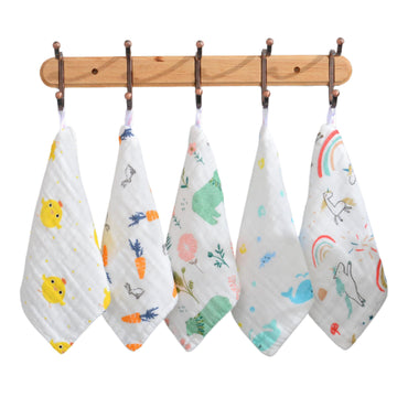FUNBIZZ Baby Muslin Washcloths Pack of 5, 100% Cotton Soft Baby Face Towels, Reusable Absorbent Burp Cloths for Newborns, Infant