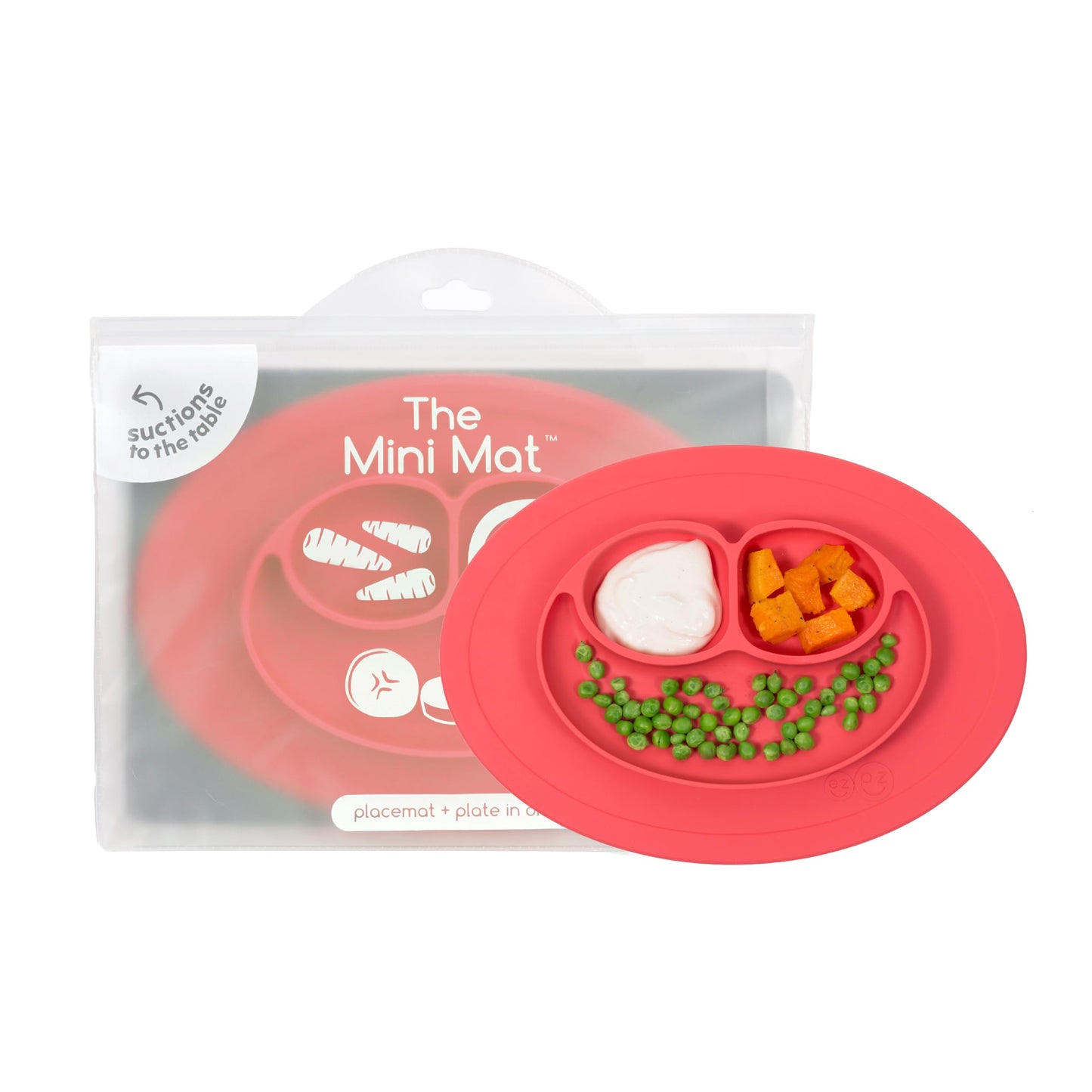 ezpz Mini Mat (Coral) - 6-12 Months+ - 100% Silicone Suction Placemat + Divided Plate with Three Compartments - Supports Baby-Le