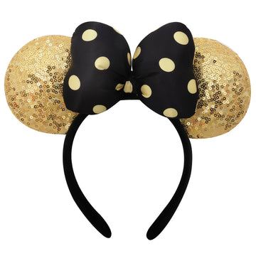 ODOCARE Handmade Mouse Ears Headband for Women and Girls, Polka Dot Bow Mouse Ears Costume Accessories(Shiny Gold)