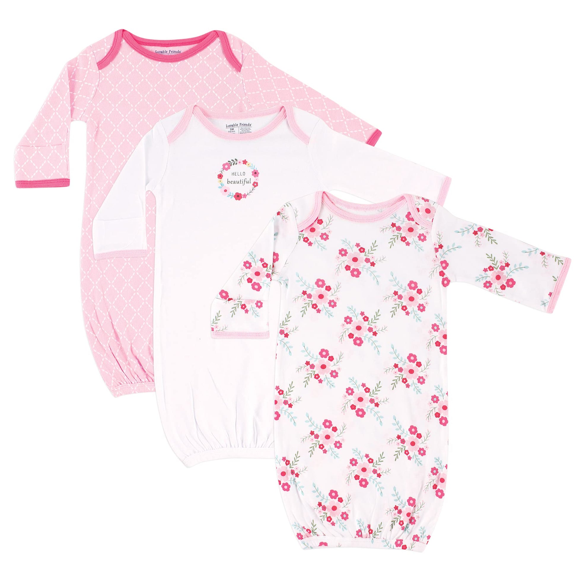 Luvable Friends Unisex Baby Cotton Gowns, Pink Floral, Preemie-Newborn