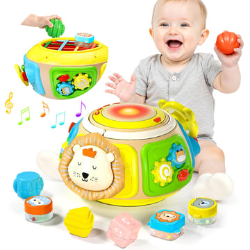 7-in-1 Activity Cube Drum Montessori Toys for Baby, Busy Toys for Toddlers with 9 Sensory Shape Blocks, Music & Light Educationa