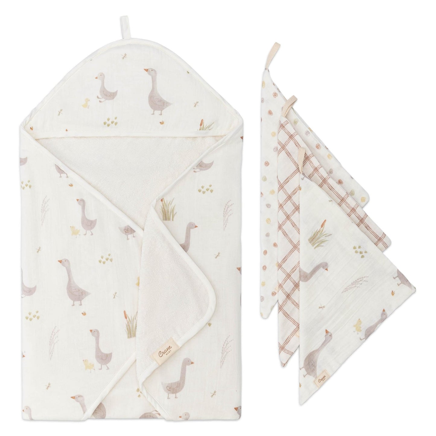 Crane Baby Hooded Towel & Washcloth Set, Charlie Farmhouse Goose Hooded Baby Towels and Washcloths Set, Baby Bath Essentials, Wa