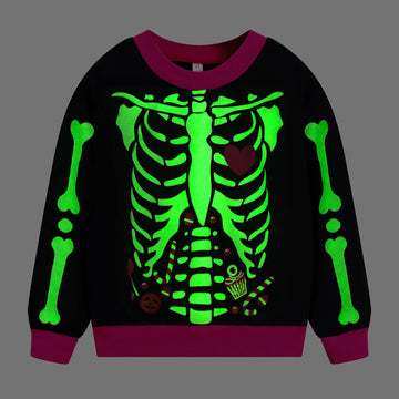 Akyzic Baby Girl Halloween Outfit Long Sleeve Crewneck Glow In The Dark Skull Sweatshirt Toddler Holiday Shirt Tops Kids Skeleto