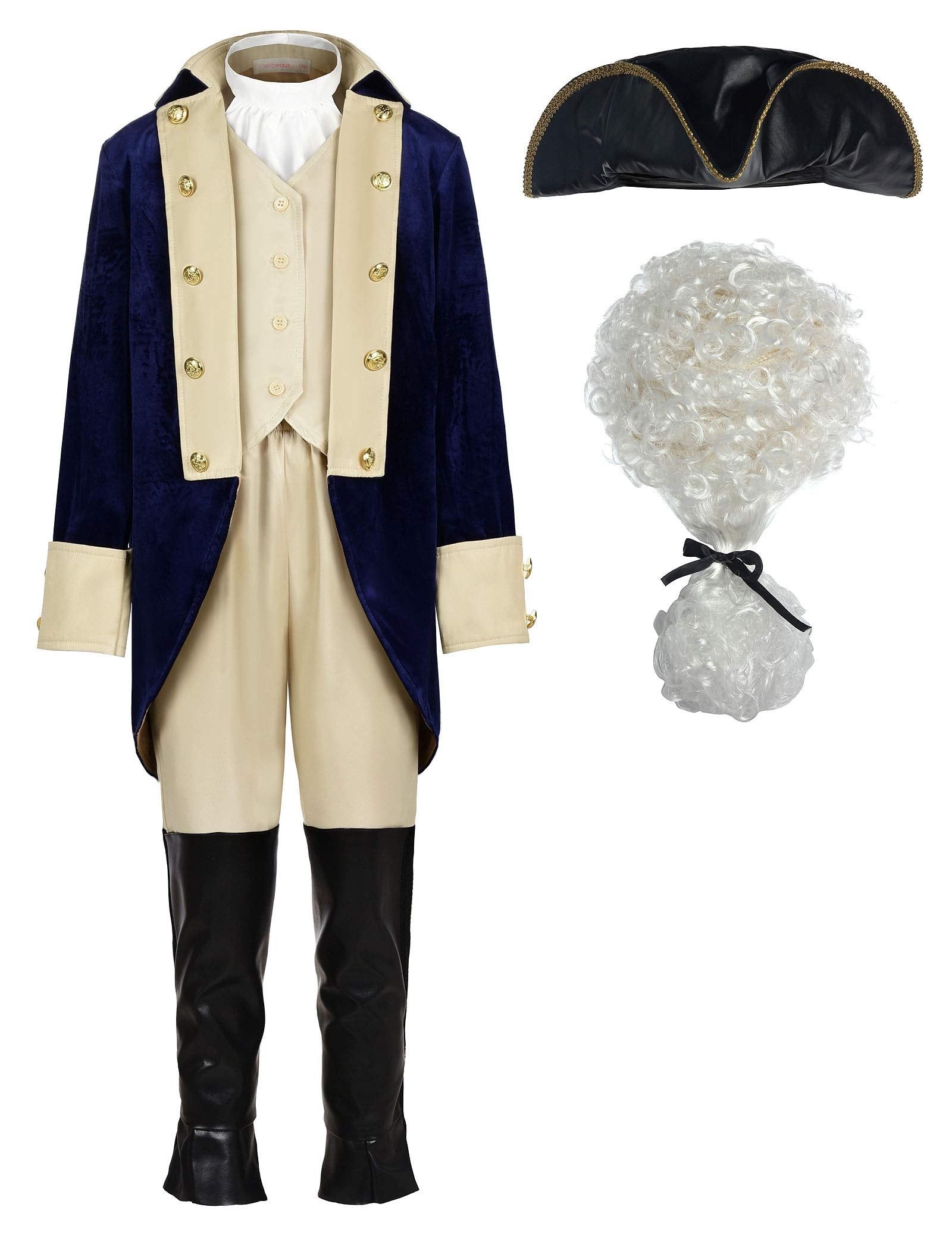 ReliBeauty Washington Costume Boys Hamliton American Colonial Uniform with Wig 130