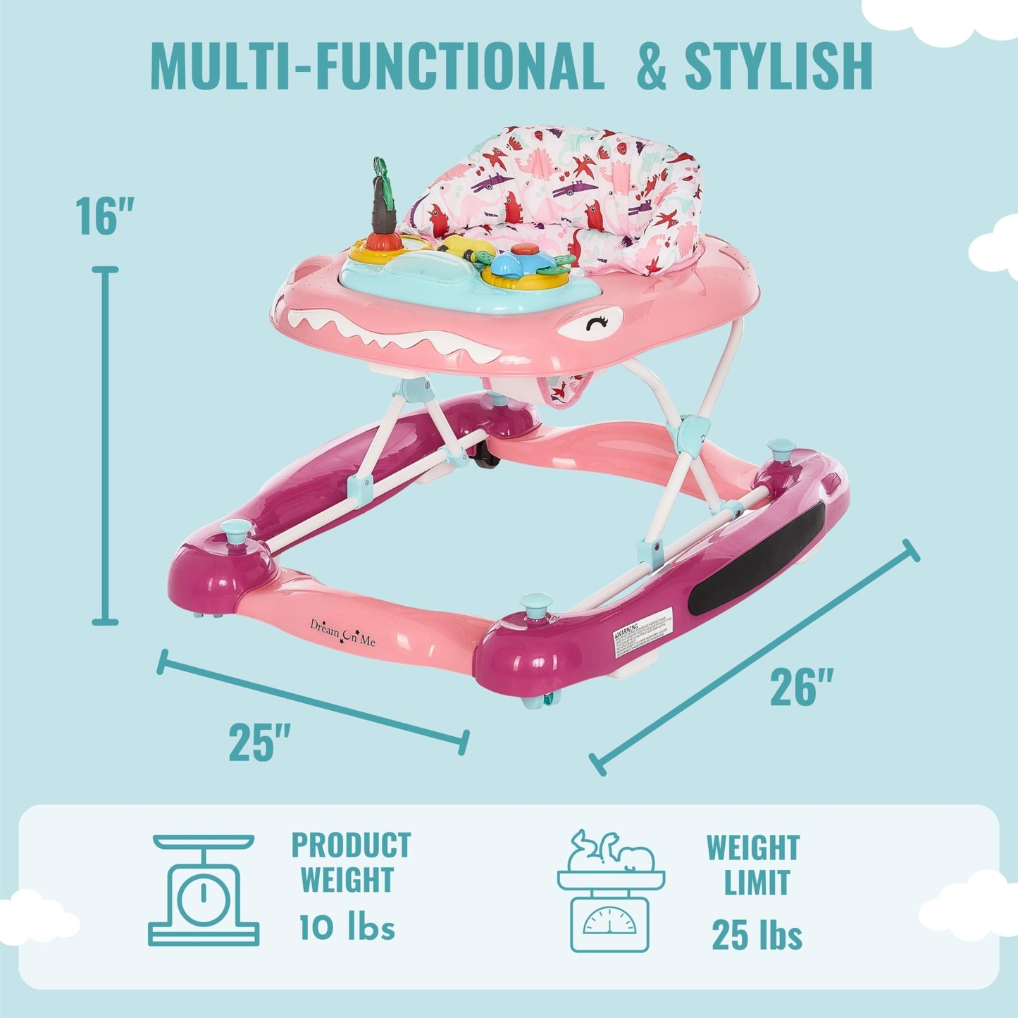 Dream On Me Baby Steps Baby Walker In Pink, Adjustable Three Position Height Setting, Removable Tray, Easy To Fold And Store Bab