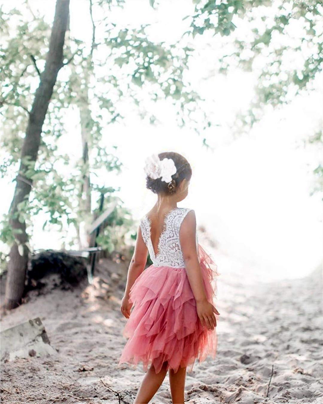 2Bunnies Girl Peony Lace Back A-Line Tiered Tutu Tulle Flower Girl Dress (Dusty Rose Sleeveless Short, 4T)