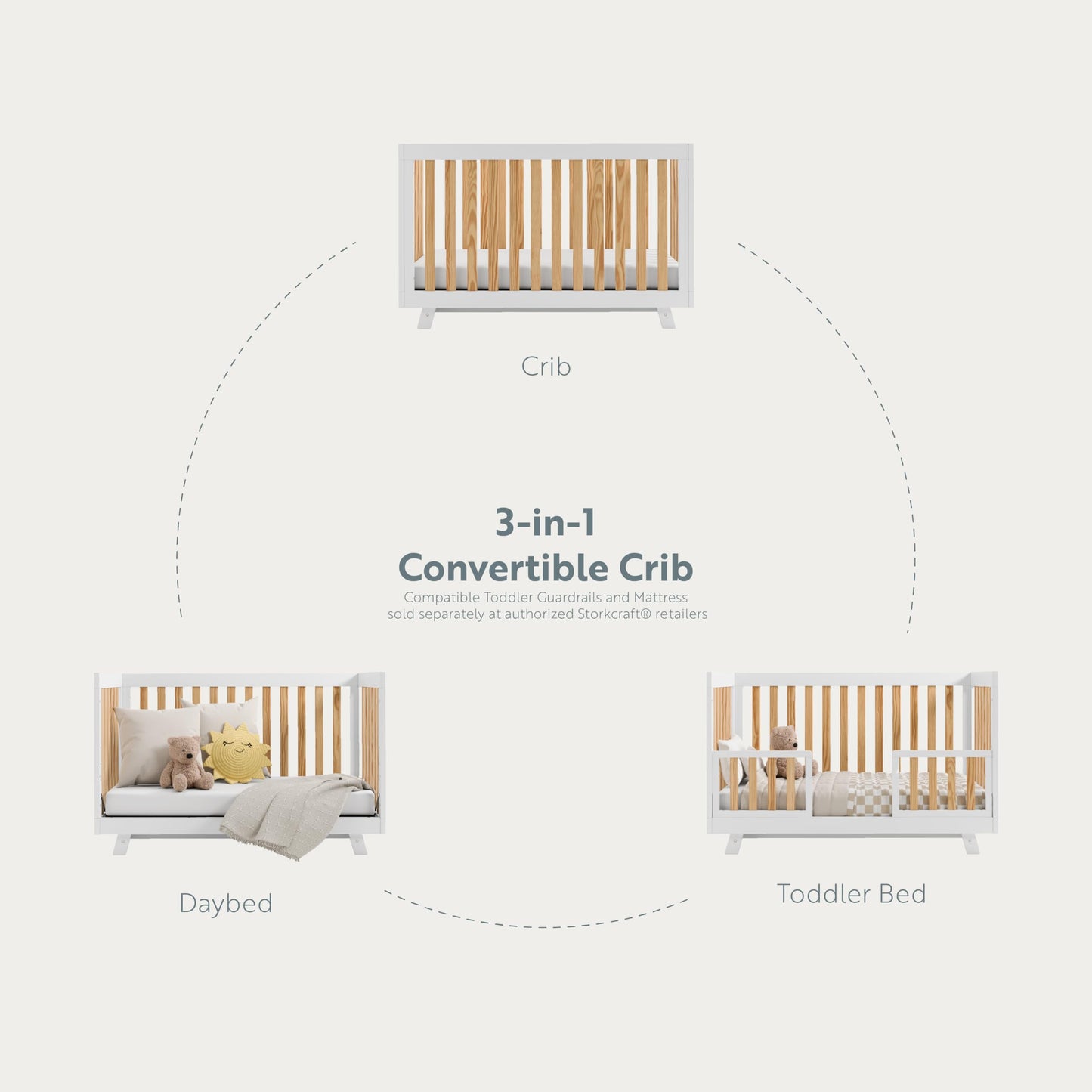 Storkcraft Beckett 3-In-1 Convertible Crib (White With Natural) - Greenguard Gold Certified, Converts From Crib To Toddler Bed,