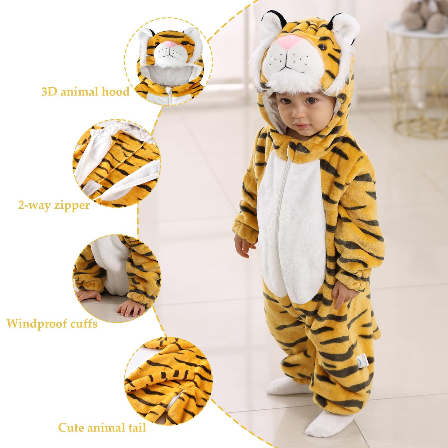 Tonwhar Unisex-Baby Animal Onesie Costume Cartoon Animal Outfit Homewear Kids' One-Piece Rompers(2-3T, Tiger)