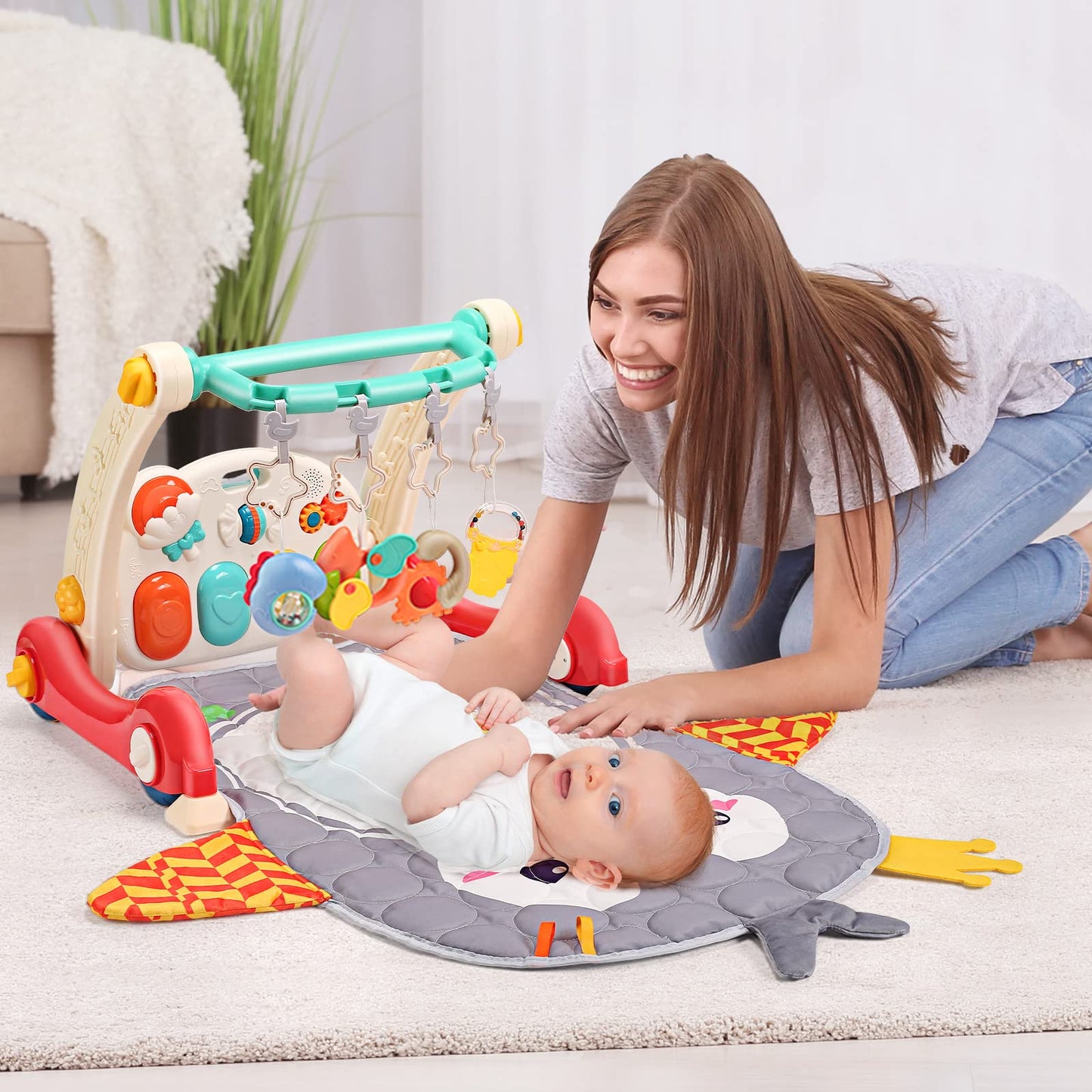Cute Stone Baby Gym Play Mat & Baby Learning Walker, Baby Activity Mat With Play Piano, Musical Activity Center With Lights, Bab