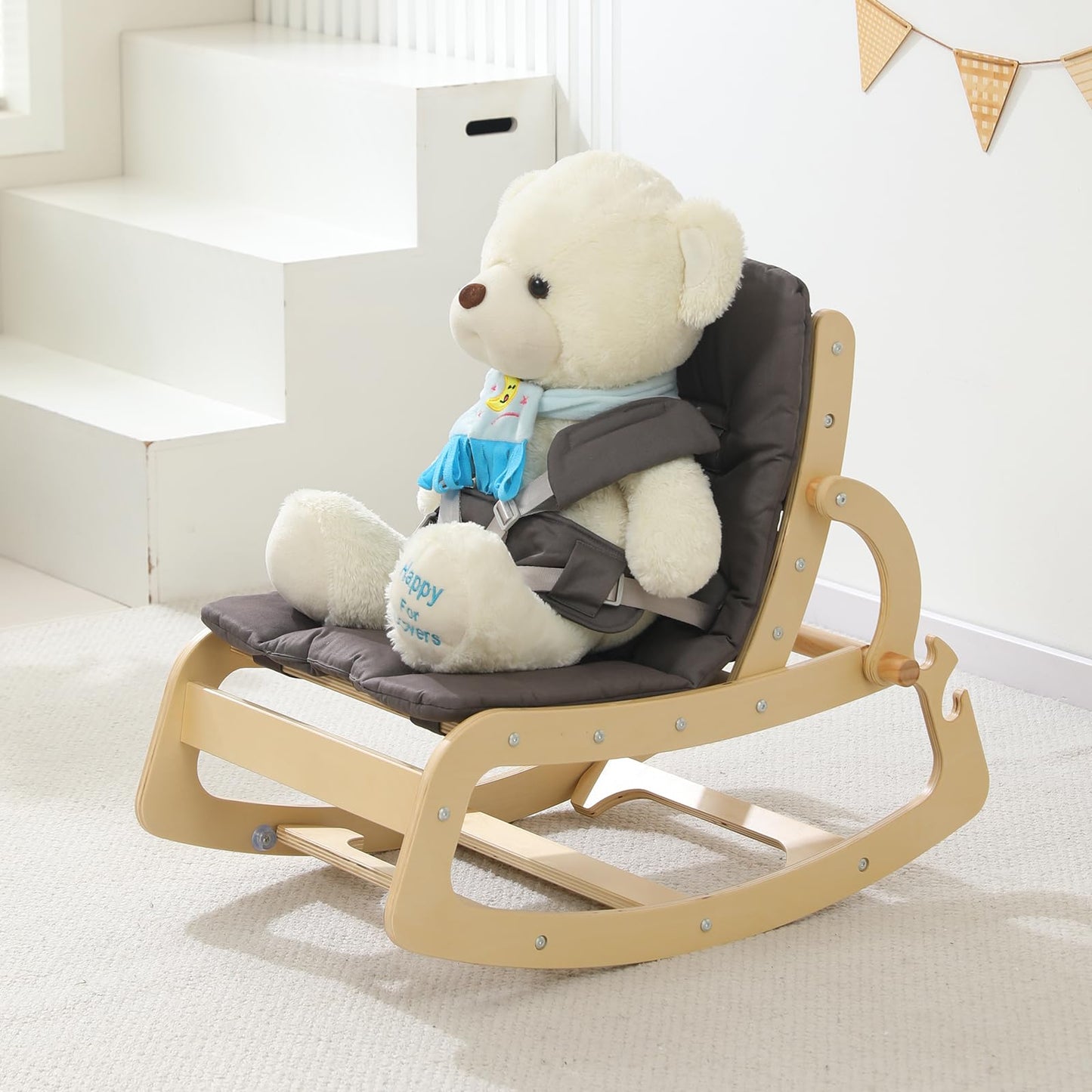 3-in-1 Baby Bouncer Adjustable Wooden Rocker Chair, Ergonomic Design Baby Lounger with Removable Cushion,Seat Belt and Booster,