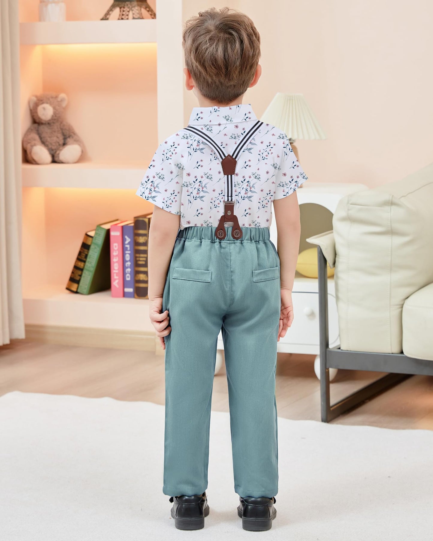 Disaur Matching Family Outfits Short Sleeve White Flower Dress Shirt Bow Tie Suspender Green Pants Boys Church Outfit 4T 5T 4-5T