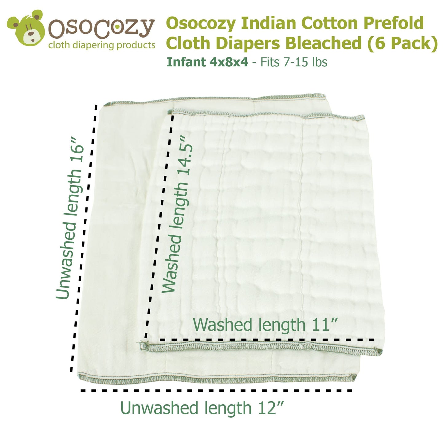 OsoCozy Prefolds Bleached Cloth Baby Diapers, Size 1 (7-15 lbs), Soft, Absorbent and Durable 100% Natural Cotton, Our Top Sellin