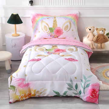 Wowelife Unicorn Toddler Bedding Set For Girls Pink 4 Piece Unicorn Toddler Bed Comforter Set Rainbow White Super Soft And Comfo