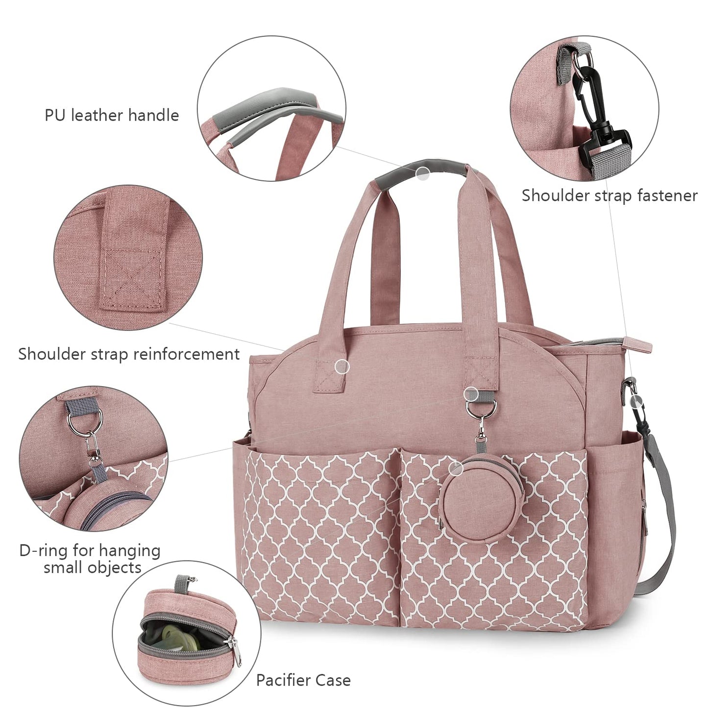 Lmbabter Diaper Bag Tote With Changing Station Upgrade Multi-Function Baby Bag With Adjustable Shoulder Strap (Pink)