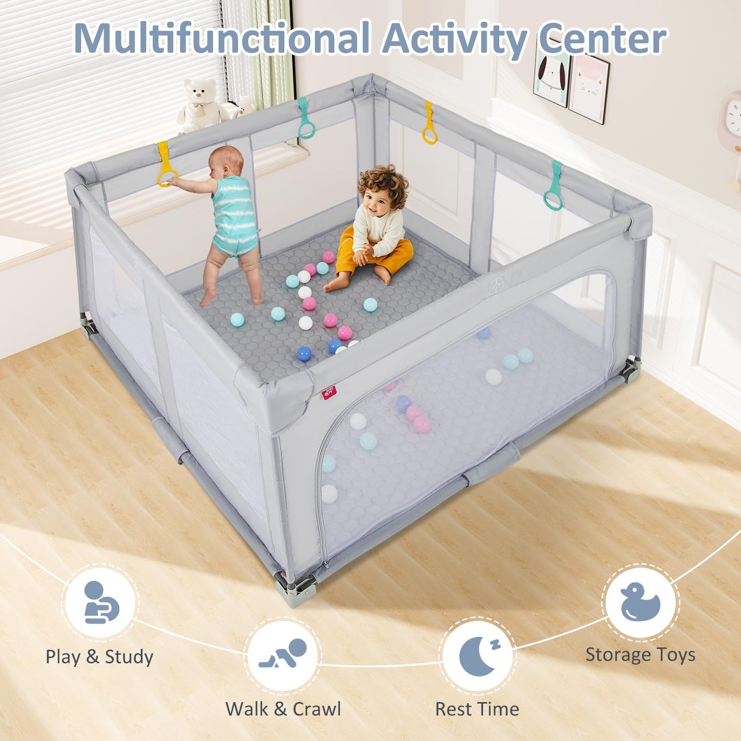 Infans Foldable Baby Playpen With Mat, 59    X 59    Large Baby Play Yard For Infant With 50 Ocean Balls, 4 Handlers, Carry Bag,