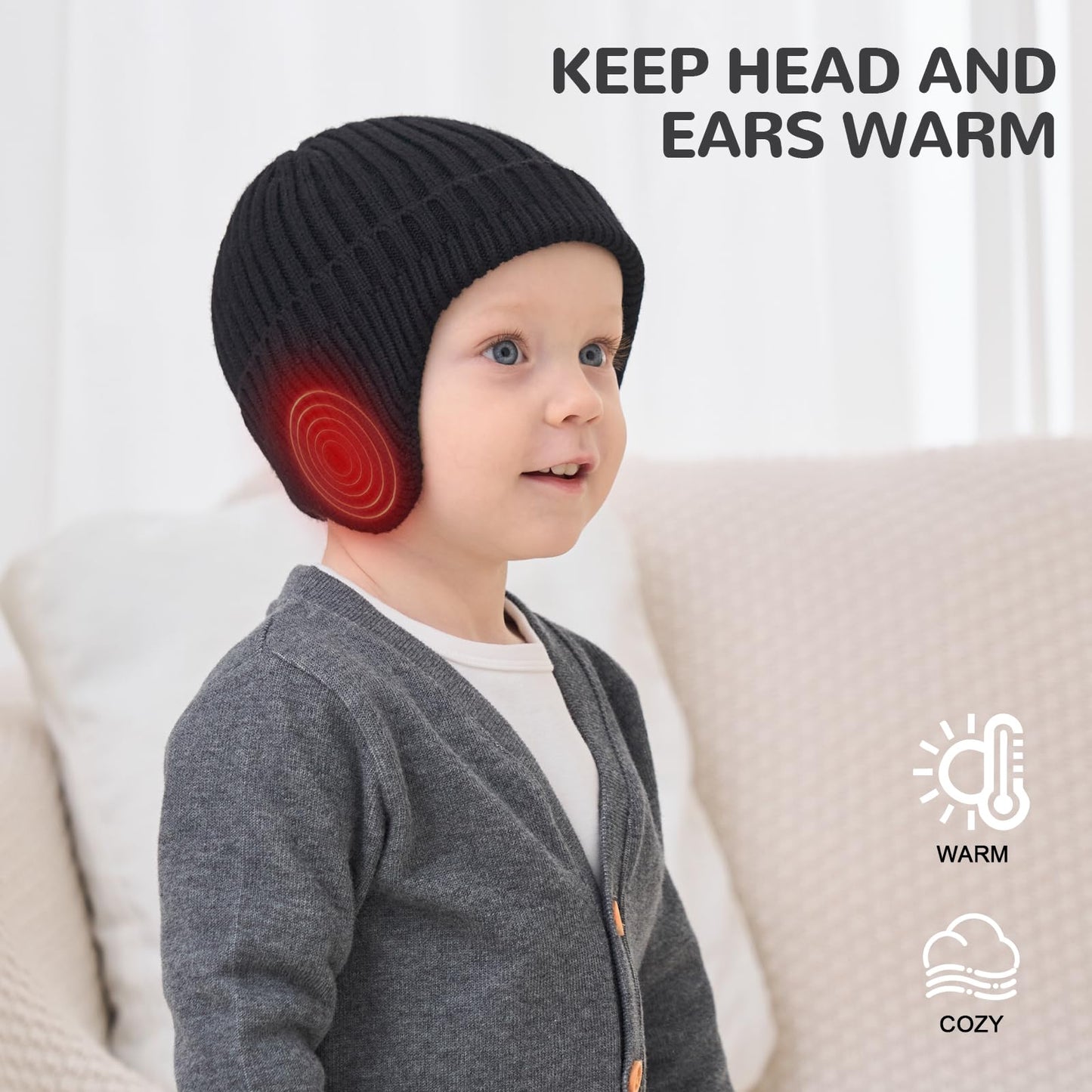 Poximi Baby Boy Winter Hat Toddler Warm Beanie Girl Knit Hats With Earflap Kid Cute Earmuffs (Grey, 3-8Years)