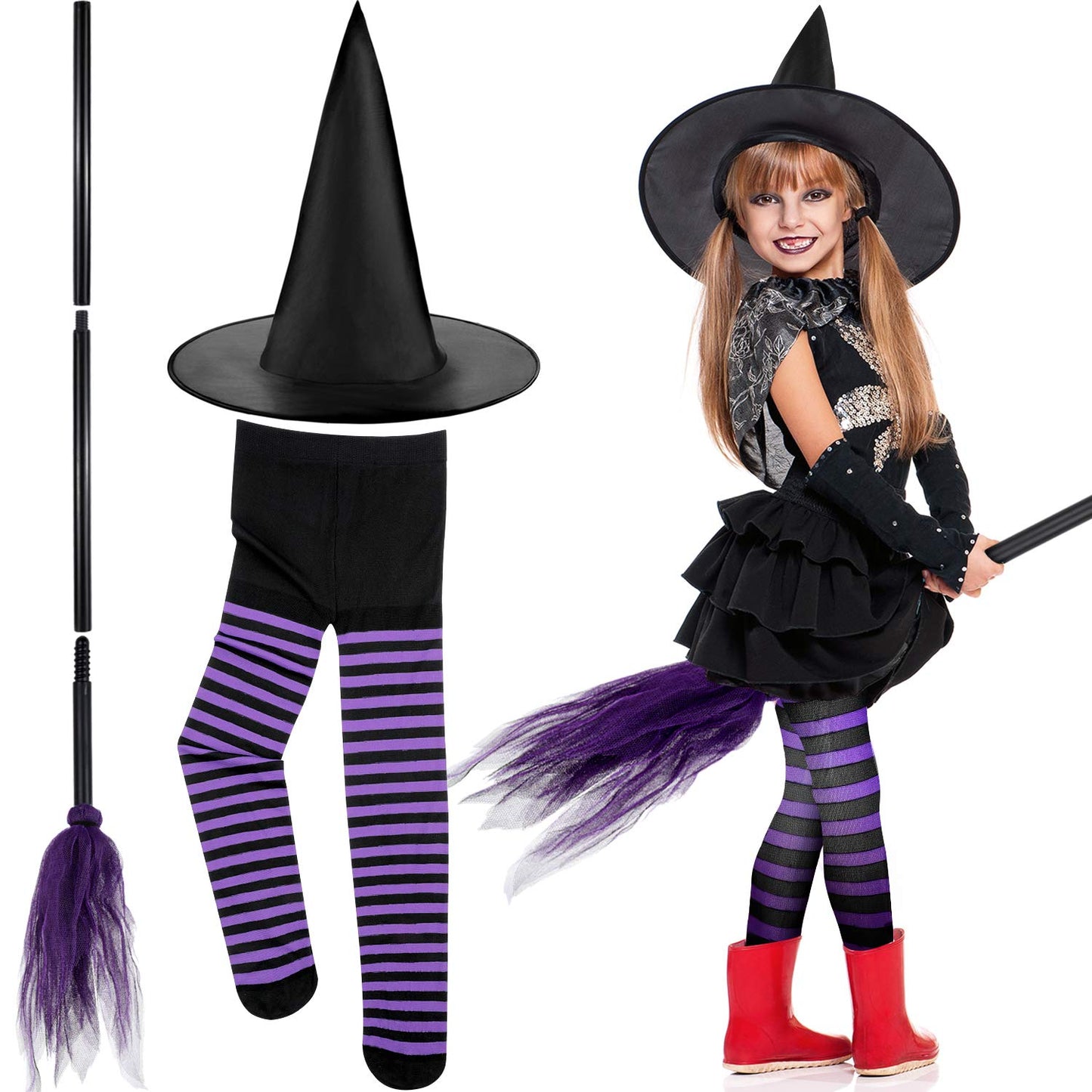 Halloween Witch Costume Accessories Set Witch Broom Plastic Broomstick Black Witch Hat Striped Tights For Halloween Party (Purpl