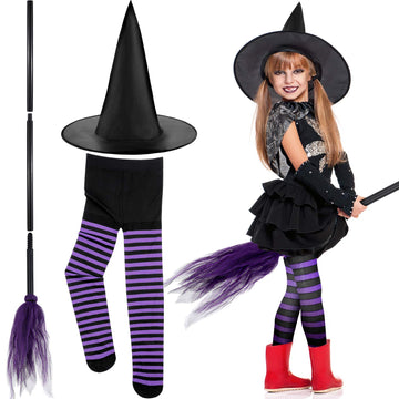 Halloween Witch Costume Accessories Set Witch Broom Plastic Broomstick Black Witch Hat Striped Tights For Halloween Party (Purpl
