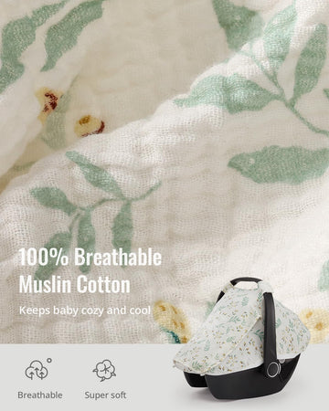Blissful Diary Baby Car Seat Cover, Extra Large Mesh Window, Breathable Muslin Cotton, Infant Windproof Canopy - Botanical Leaf