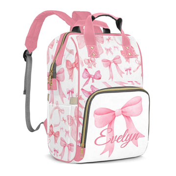 Perarts Pink Bow Personalized Diaper Bag Backpack for Baby Boy with Name, Custom Nappy Nursing Bag for Moms Dads, Customized Gif