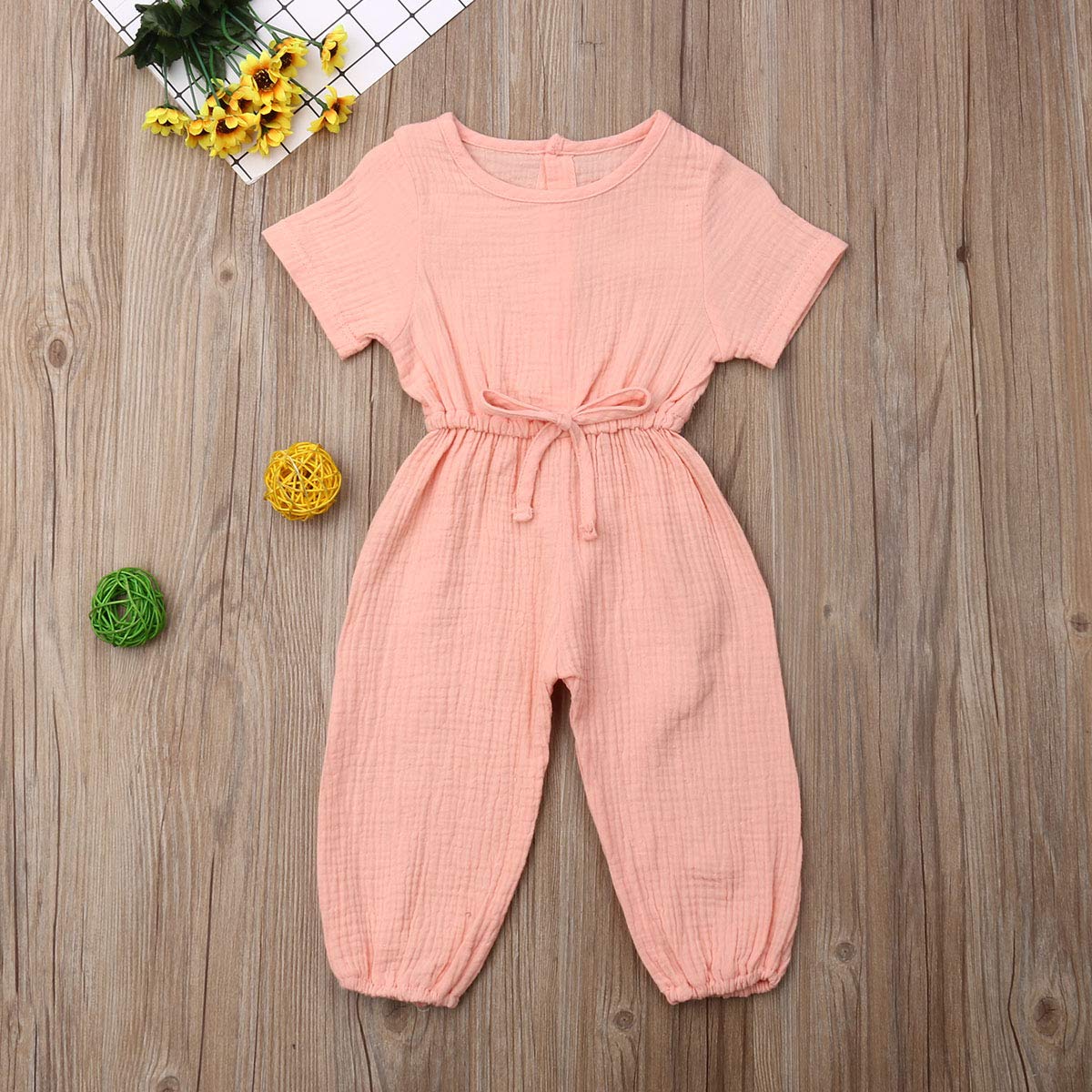 Mubineo Toddler Baby Girl Summer Fall Basic Plain Short Sleeve Cotton Linen Drawstring Romper Jumpsuit (Peach Pink, 4-5T)