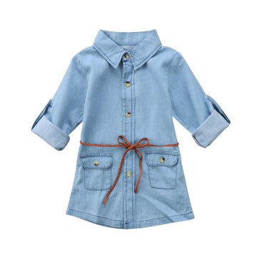 Biggerstore Fashion Kids Toddler Baby Girl Half/Long Sleeve Denim Tunic Jean Shirt Dress With Belt For Girl 1-5T (Blue, 3-4 Year